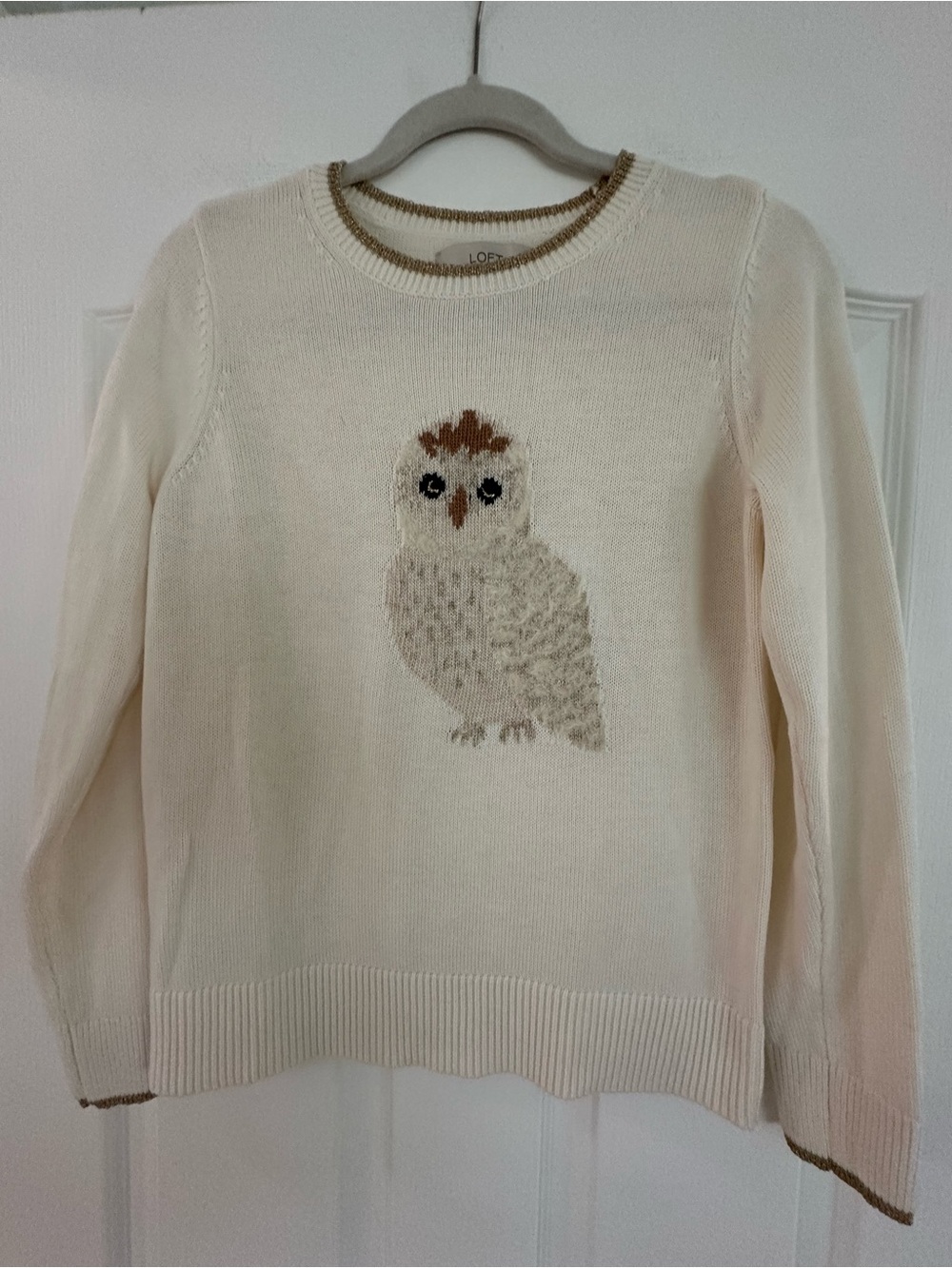 Loft NWOT Cream Feather Owl Crewneck Sweater